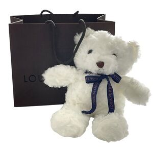 Fluffy White Teddy Bear with Navy LV Ribbon & Shopping Bag